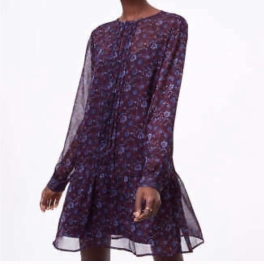 NWT Loft Long Sleeve Floral Pleated Flounce Dress